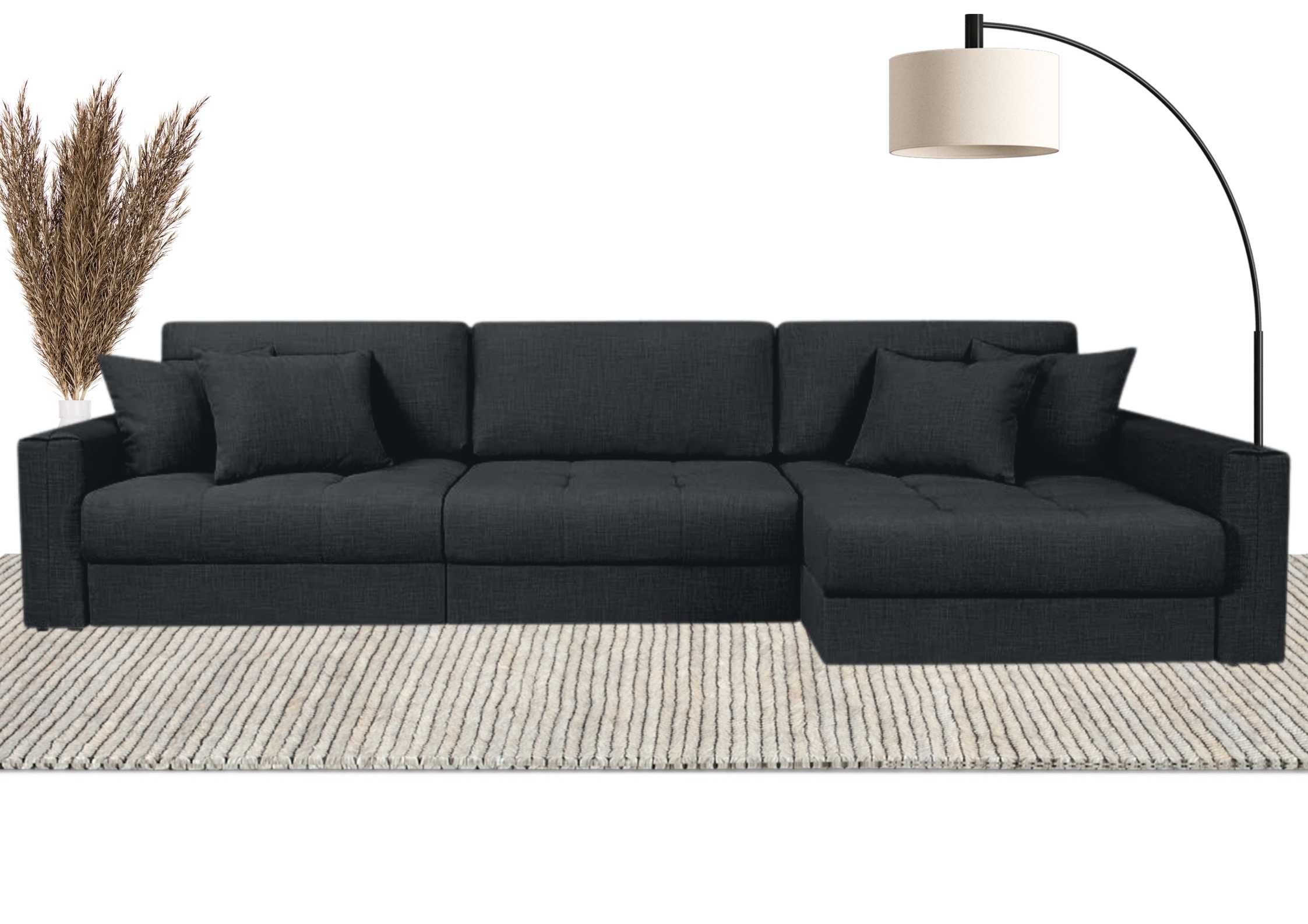 Czarny narożnik modułowy z pikowanym siedziskiem